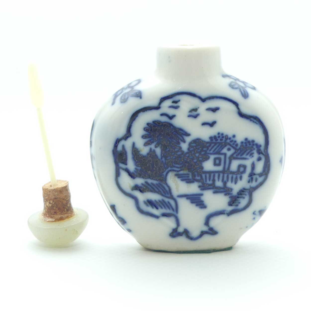 Chinese Blue and White Village pattern Snuff Bottle | Pale Green stone stopper