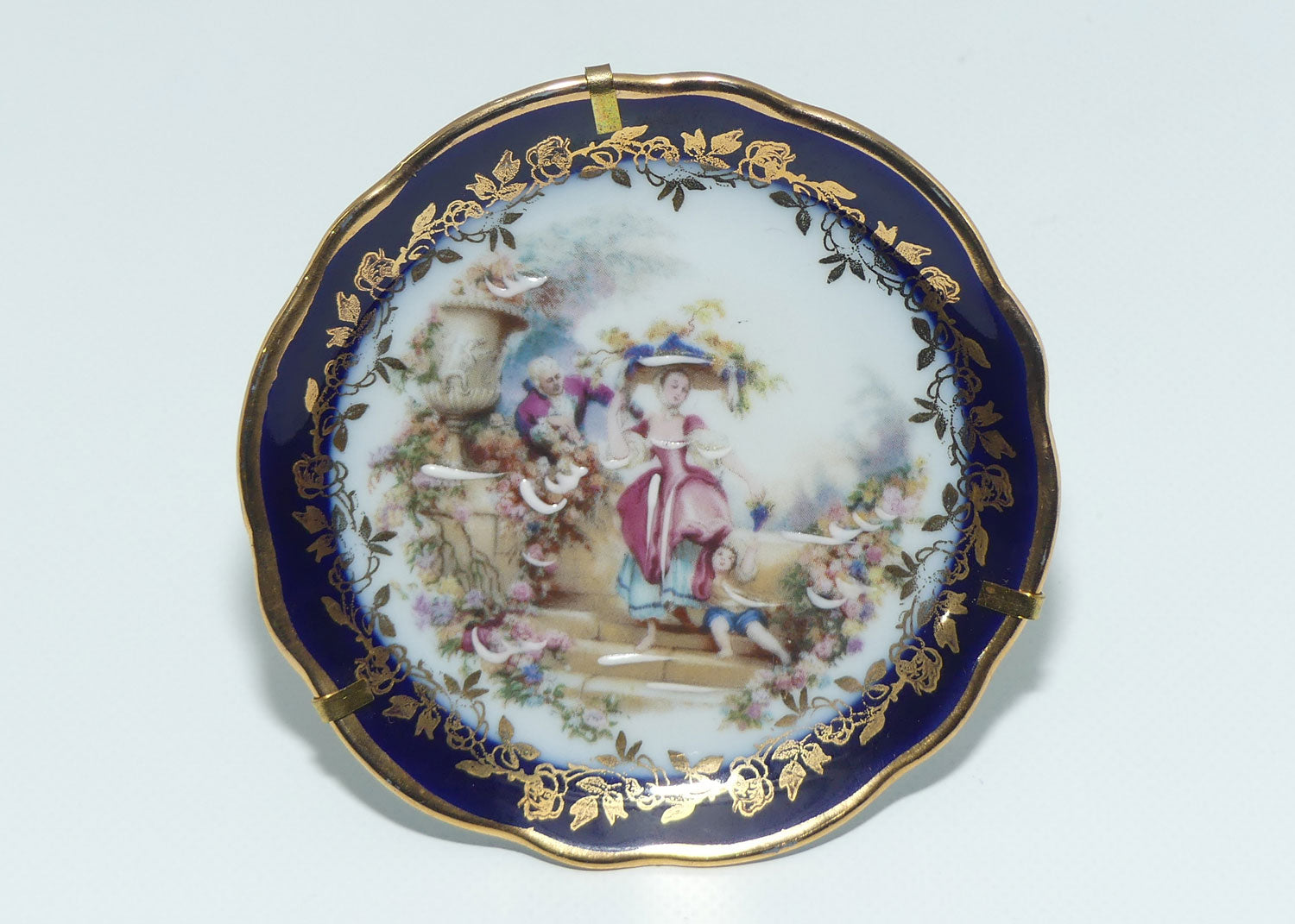 Limoges France Rehausse Main Blue Border 18th Cent Family plate in frame
