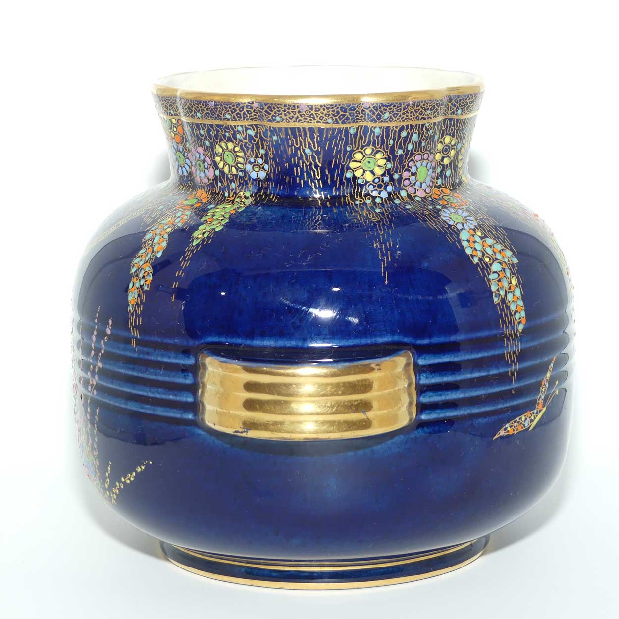 Crown Devon Fieldings Blue Floral design twin handle vase with ribbed body