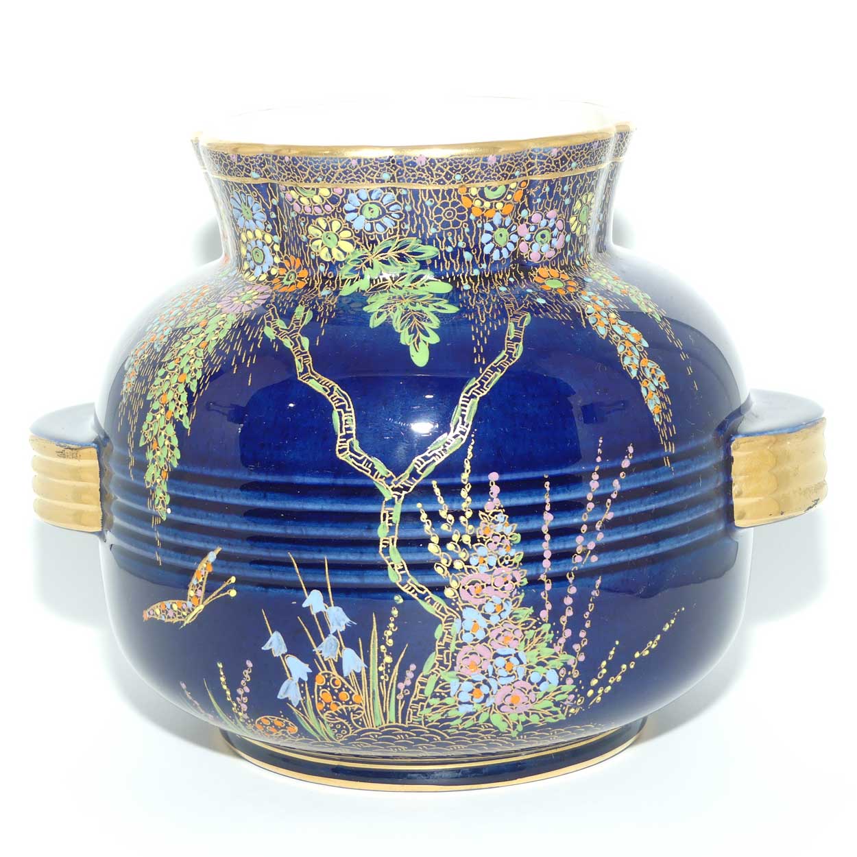 Crown Devon Fieldings Blue Floral design twin handle vase with ribbed body