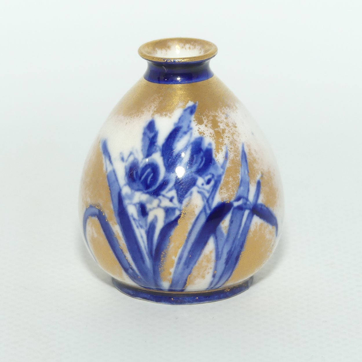Royal Doulton Flow Blue and Gilt Iris miniature vase