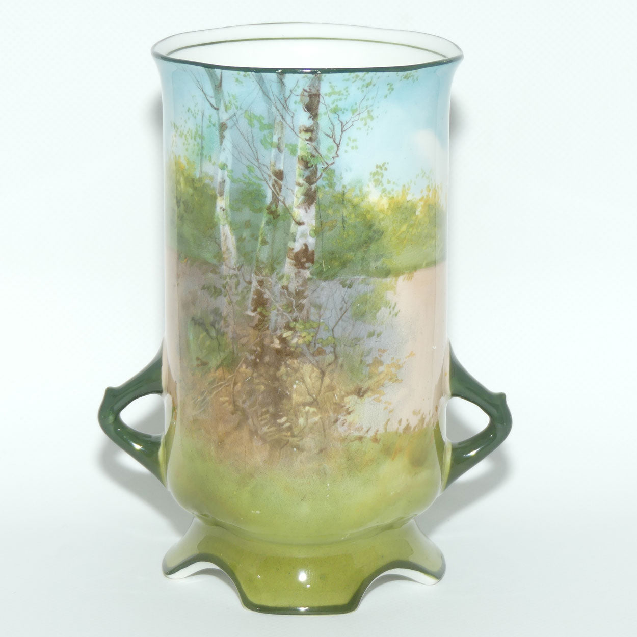 Royal Doulton Coaching Days twin handle vase | 4 feet E2768 | rare Blue Sky variation | unstamped