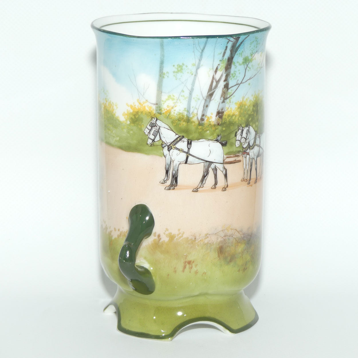 Royal Doulton Coaching Days twin handle vase | 4 feet E2768 | rare Blue Sky variation | unstamped