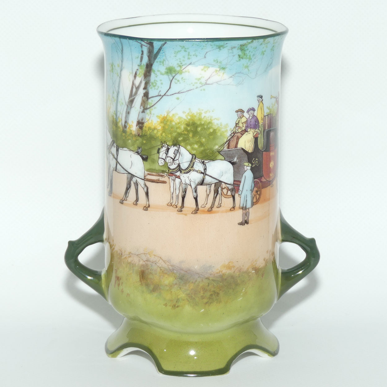 Royal Doulton Coaching Days twin handle vase | 4 feet E2768 | rare Blue Sky variation | unstamped