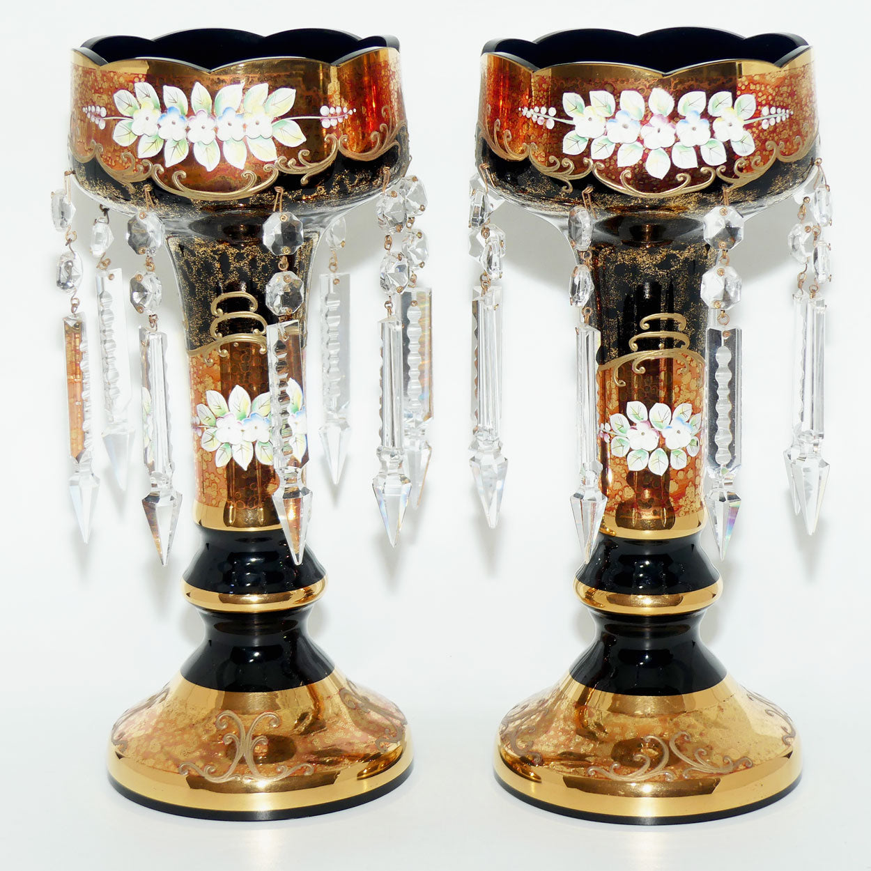 Pair of Bohemian Hand Painted and Heavily Gilt Black Glass Lustres c.1970