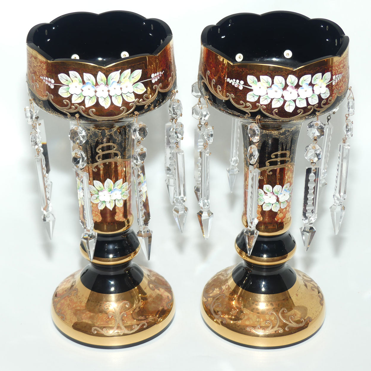Pair of Bohemian Hand Painted and Heavily Gilt Black Glass Lustres c.1970