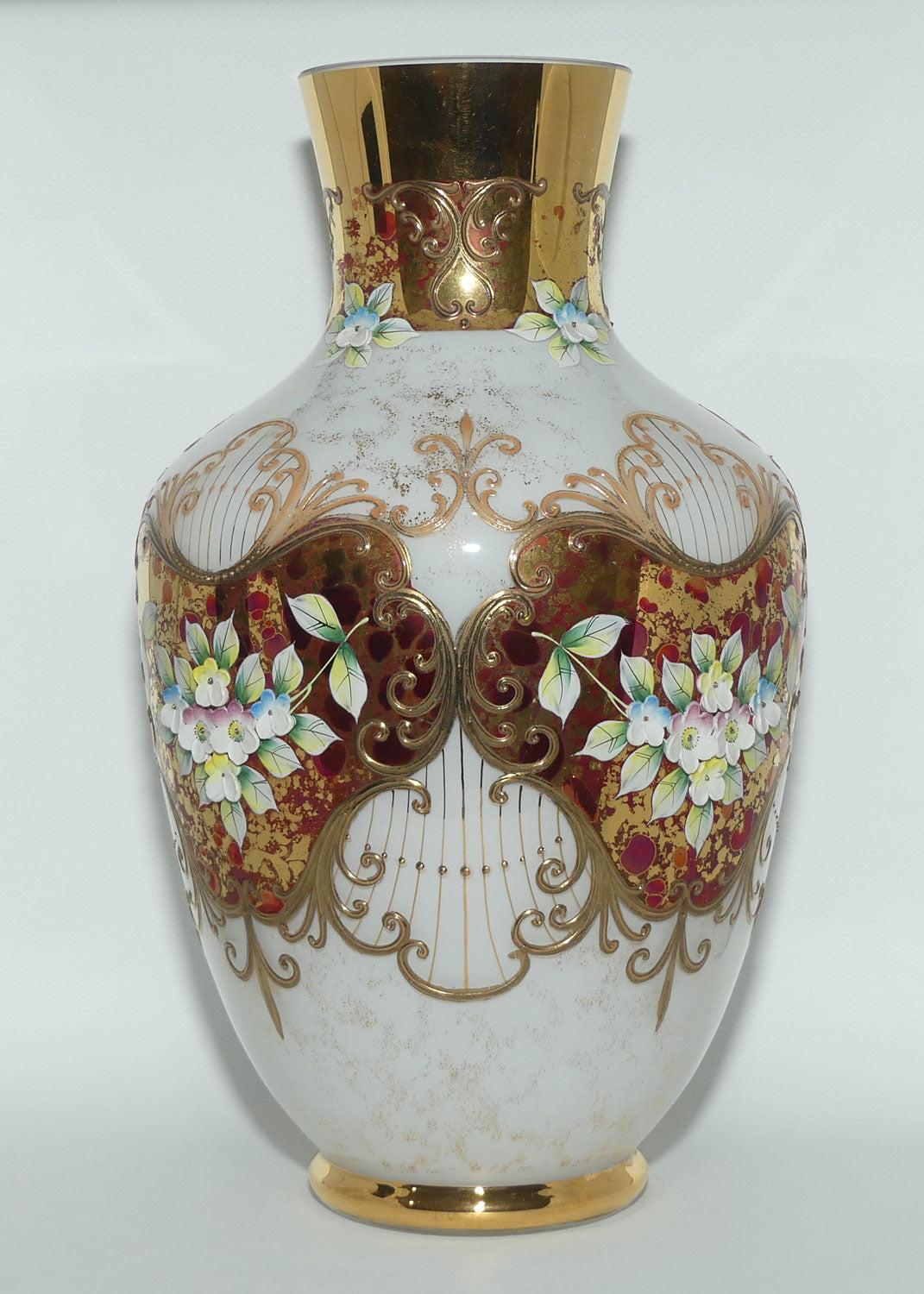 Bohemian Art Glass hand enamelled and gilt floral vase