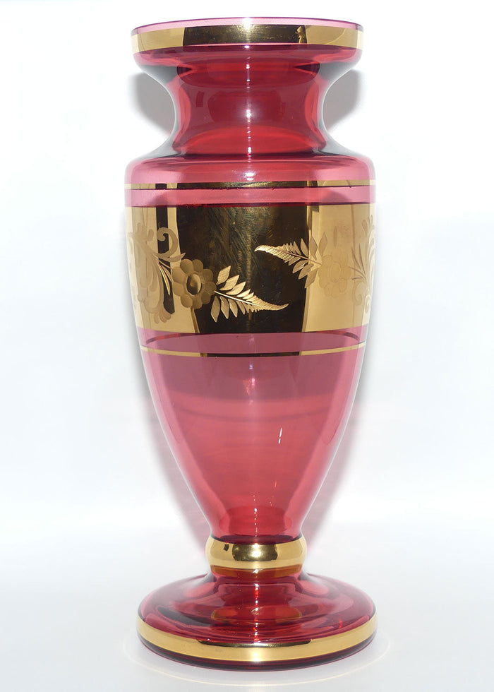 Bohemian Cranberry Glass vase | Wheel Cut and Gilt decorated