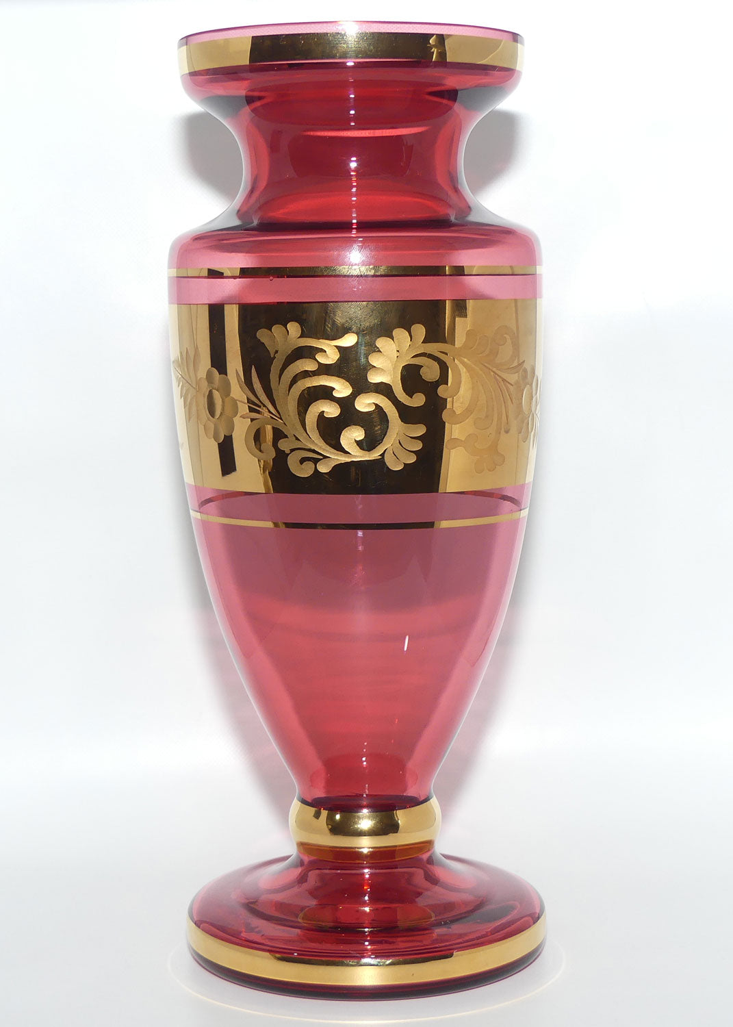 Bohemian Cranberry Glass vase | Wheel Cut and Gilt decorated  