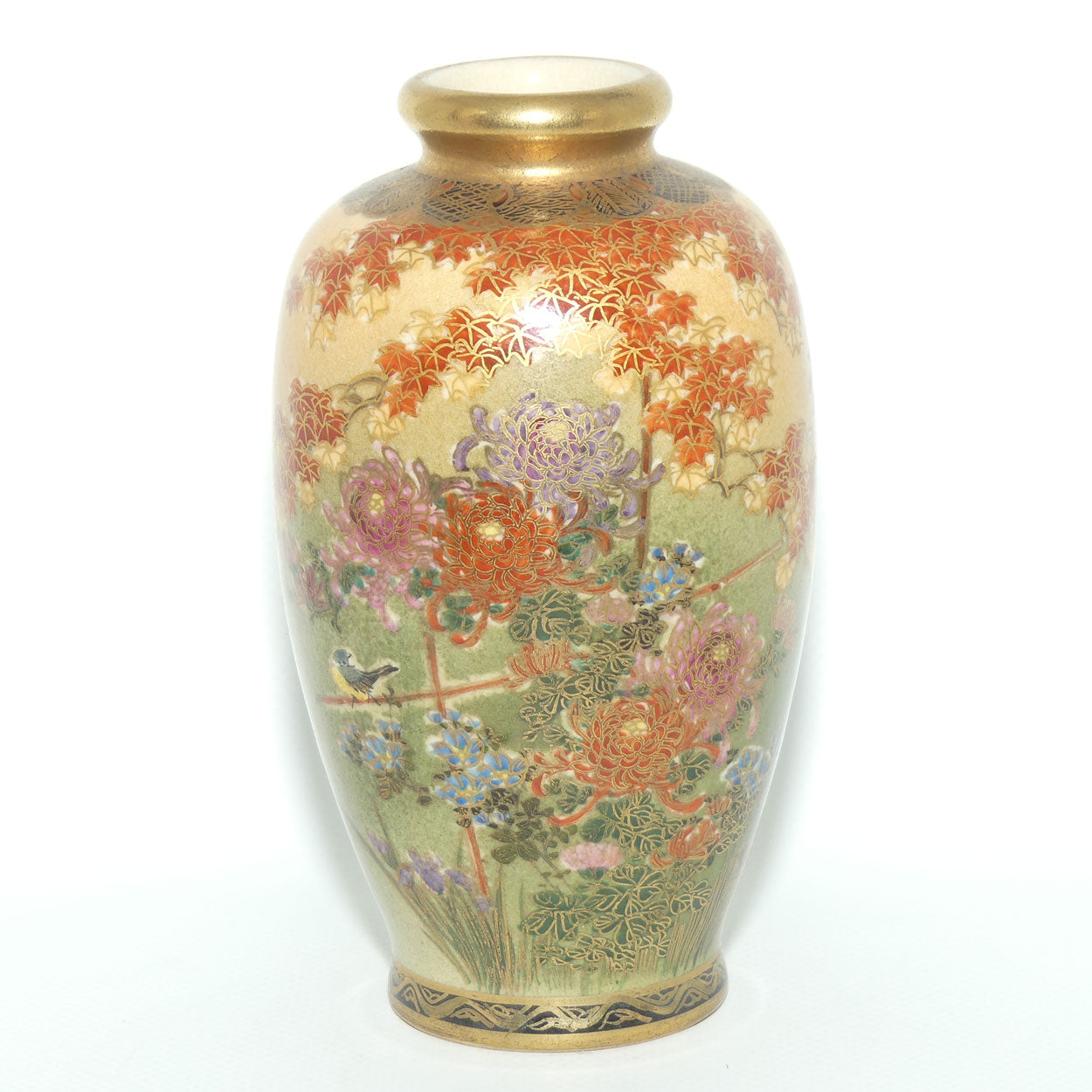 Satsuma vase depicting Chrysanthemum Flowers and Birds | Pale Tan ground | late Meiji | Taisho period