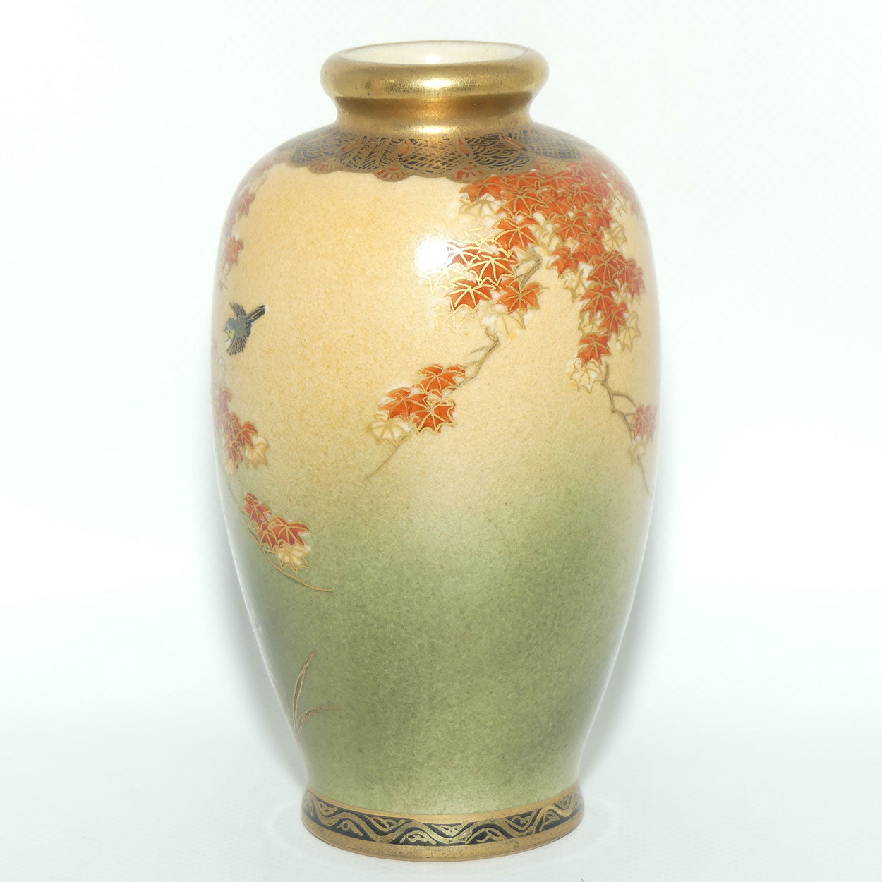 Satsuma vase depicting Chrysanthemum Flowers and Birds | Pale Tan ground | late Meiji | Taisho period