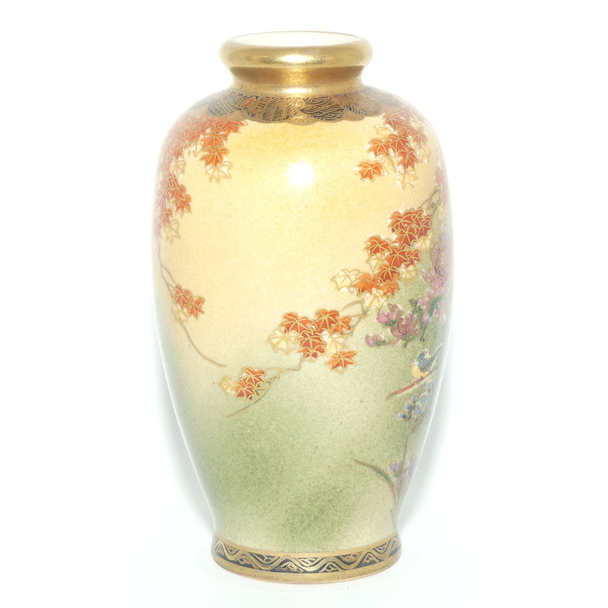 Satsuma vase depicting Chrysanthemum Flowers and Birds | Pale Tan ground | late Meiji | Taisho period