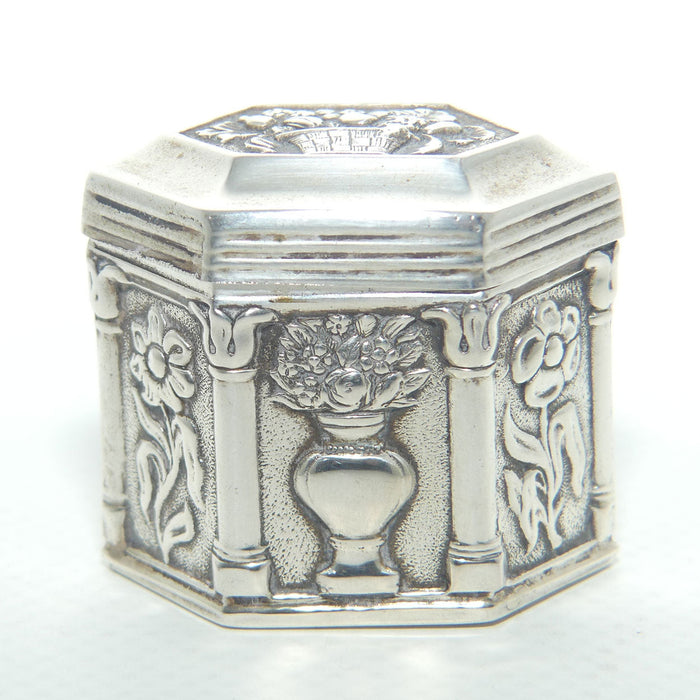 Dutch Silver .833 Hexagonal Pill Box | Floral Decoration