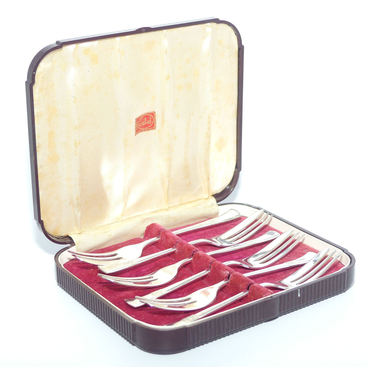 Set of 6 EPNS A1 cake forks | in Mid Century Bakelite box