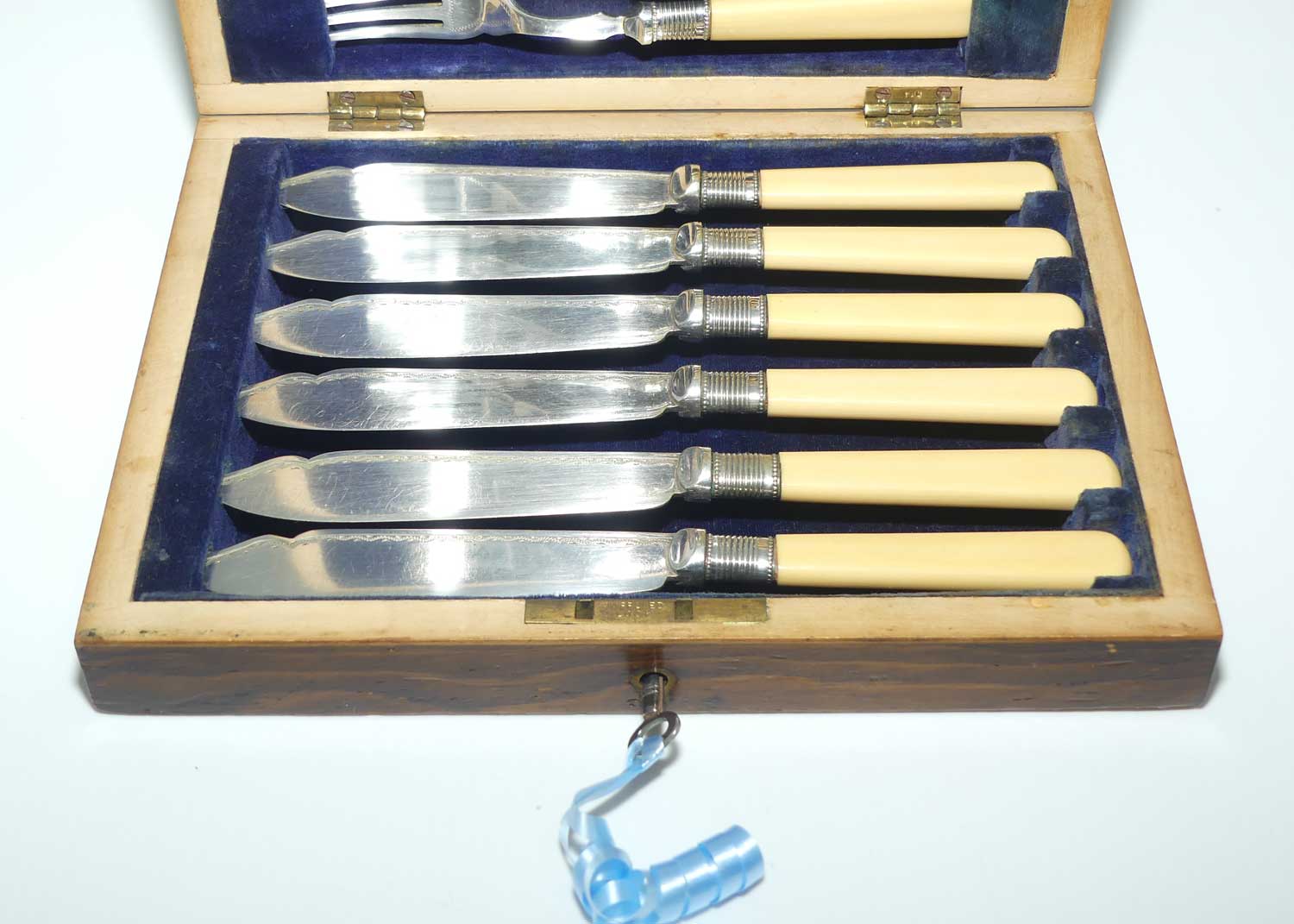 Edwardian era Faux Bone handled and EPNS blades set of 6 fish eaters in Original lockable box
