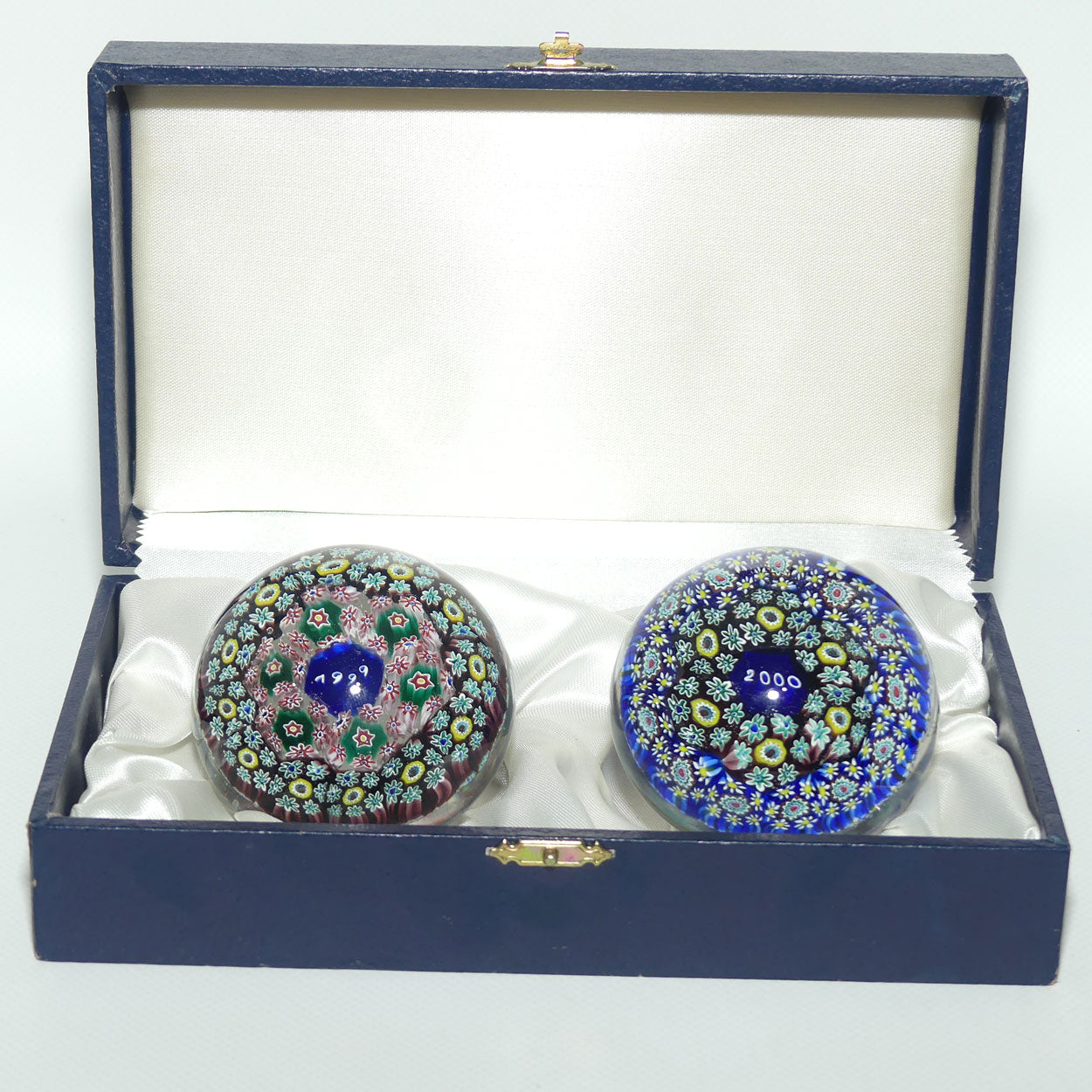 Pair of ALT Murano 1999 and 2000 Millenium paperweights | Boxed