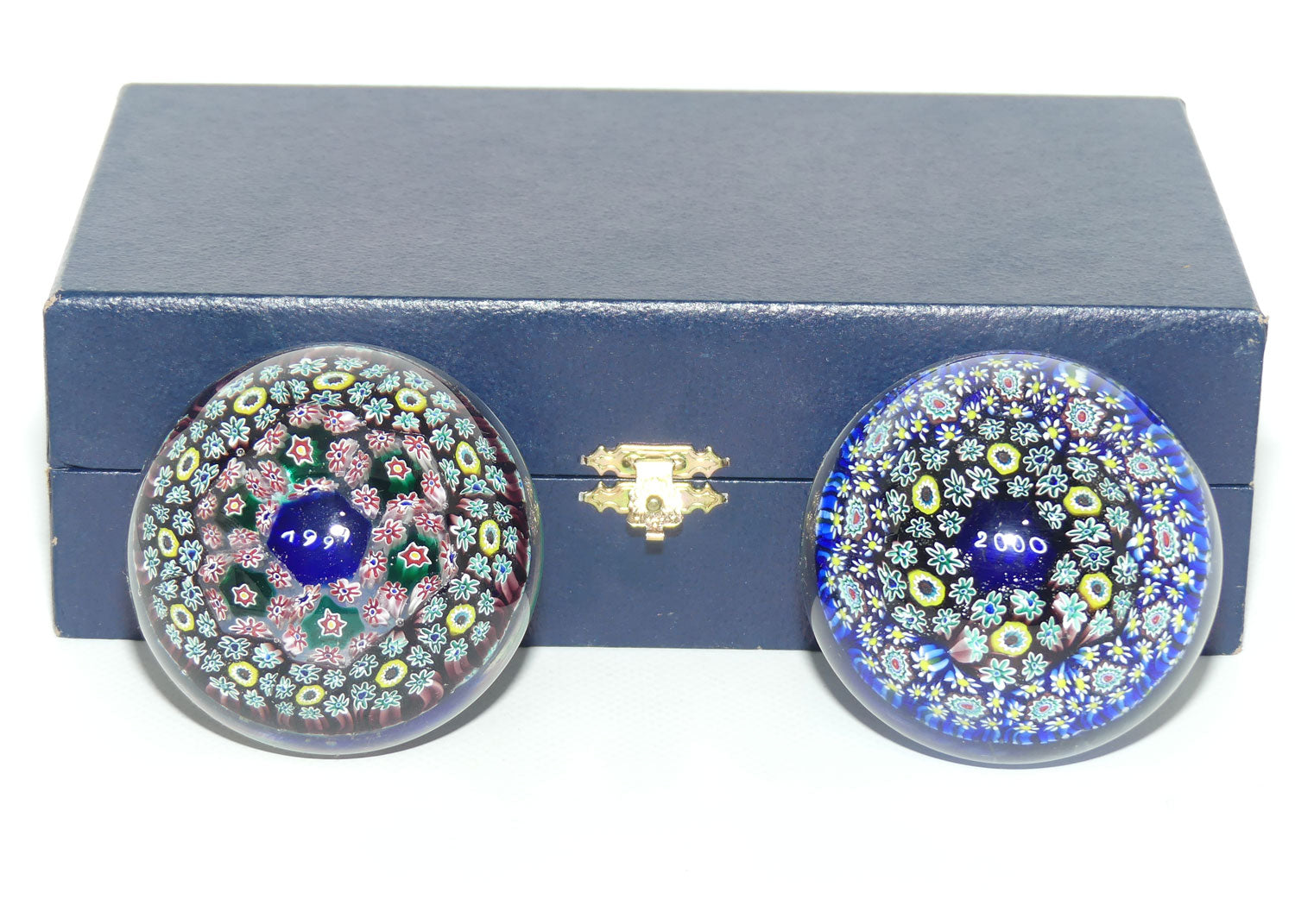 Pair of ALT Murano 1999 and 2000 Millenium paperweights | Boxed