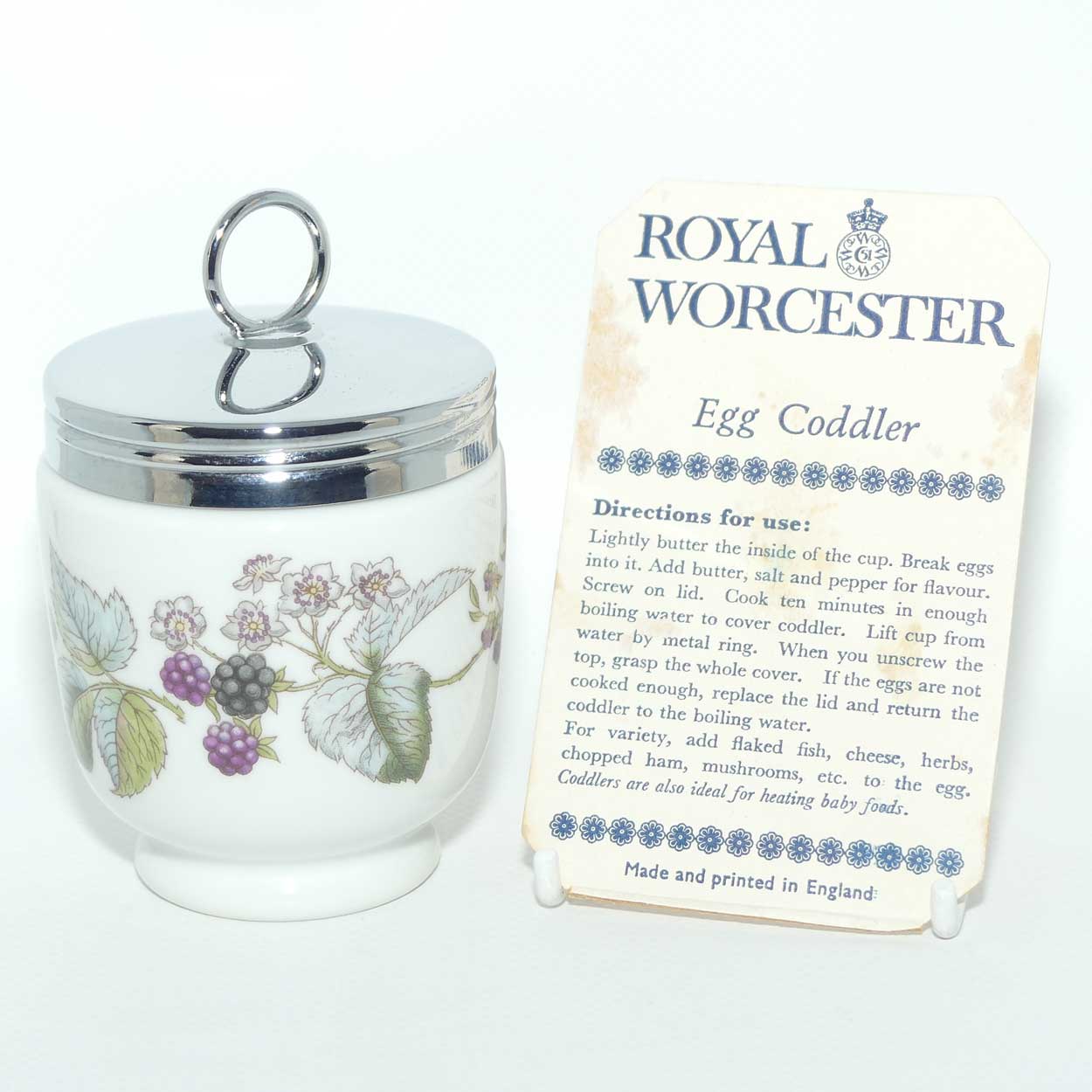 Royal Worcester Grape and Vine pattern egg coddler + Directions for use