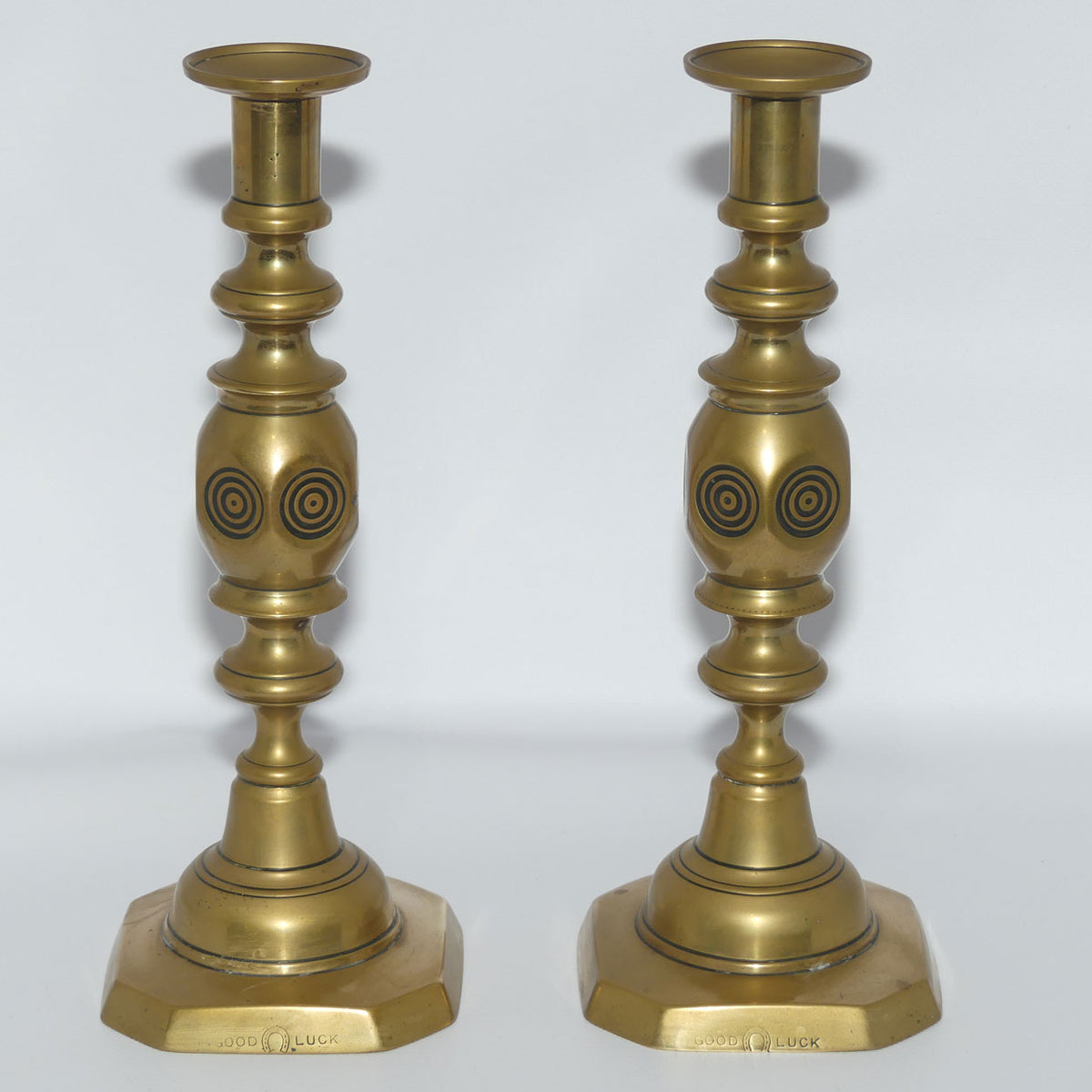 Edwardian Brass Candle Sticks | Good Luck | rise and fall mechanism