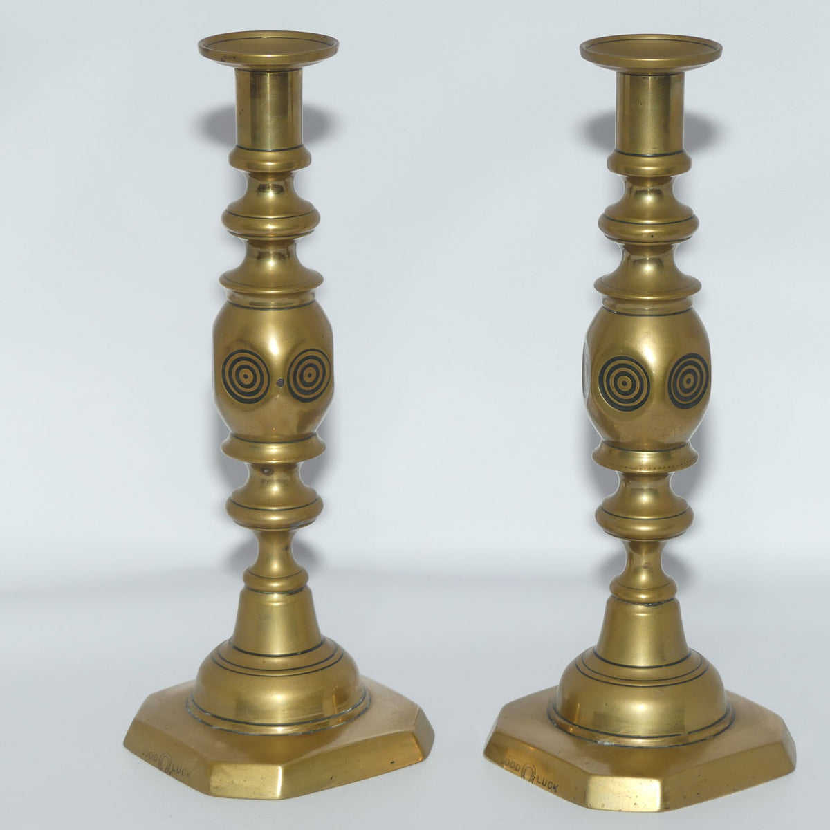 Edwardian Brass Candle Sticks | Good Luck | rise and fall mechanism