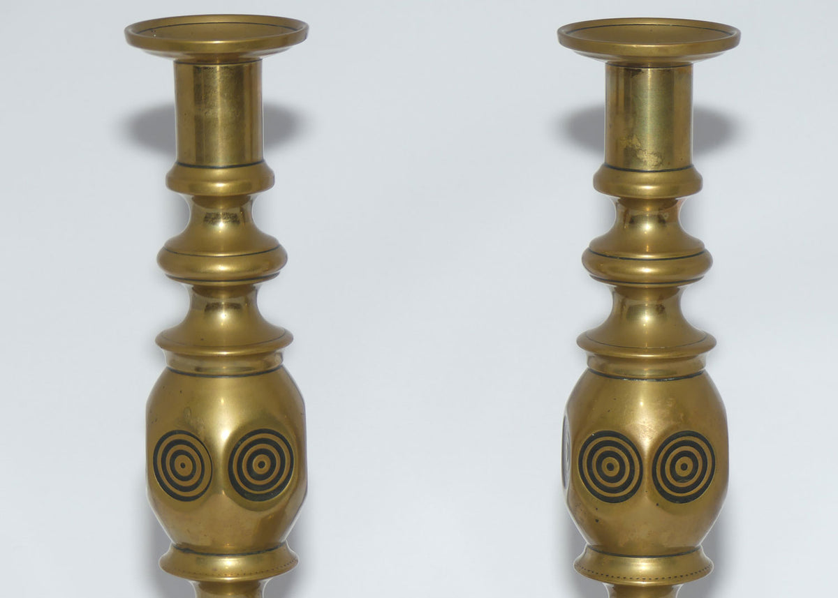 Edwardian Brass Candle Sticks | Good Luck | rise and fall mechanism