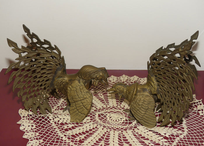 Pair of Vintage Brass Fighting Cockerels | Fighting Roosters