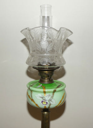 Victorian era Duplex Burner Oil lamp with Brass column, hand painted glass font, chimney and shade