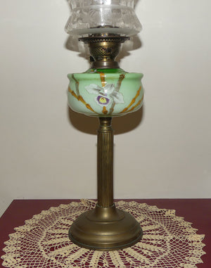 Victorian era Duplex Burner Oil lamp with Brass column, hand painted glass font, chimney and shade