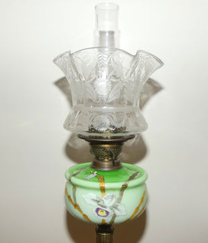 Victorian era Duplex Burner Oil lamp with Brass column, hand painted glass font, chimney and shade