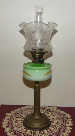 Victorian era Duplex Burner Oil lamp with Brass column, hand painted glass font, chimney and shade