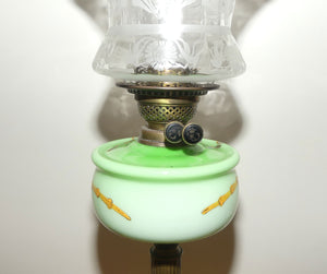 Victorian era Duplex Burner Oil lamp with Brass column, hand painted glass font, chimney and shade