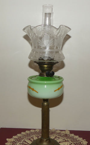 Victorian era Duplex Burner Oil lamp with Brass column, hand painted glass font, chimney and shade