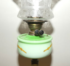 Victorian era Duplex Burner Oil lamp with Brass column, hand painted glass font, chimney and shade