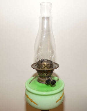 Victorian era Duplex Burner Oil lamp with Brass column, hand painted glass font, chimney and shade