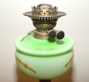 Victorian era Duplex Burner Oil lamp with Brass column, hand painted glass font, chimney and shade