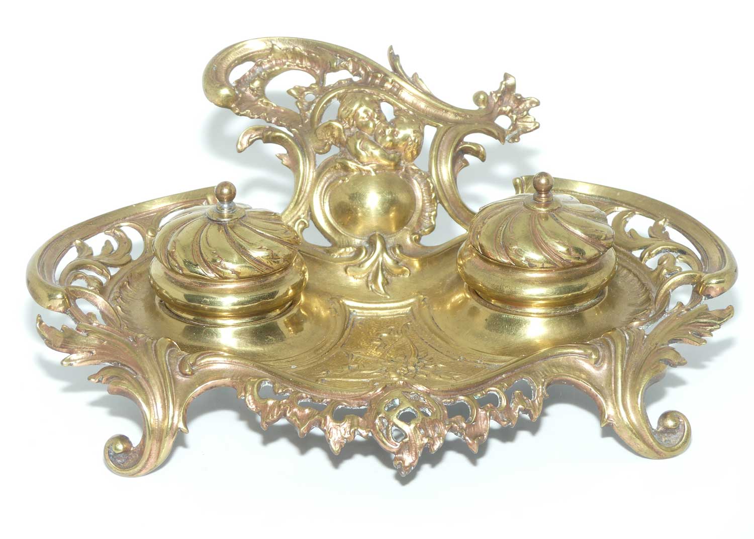 Victorian era French Brass Double Inkwell with porcelain inserts