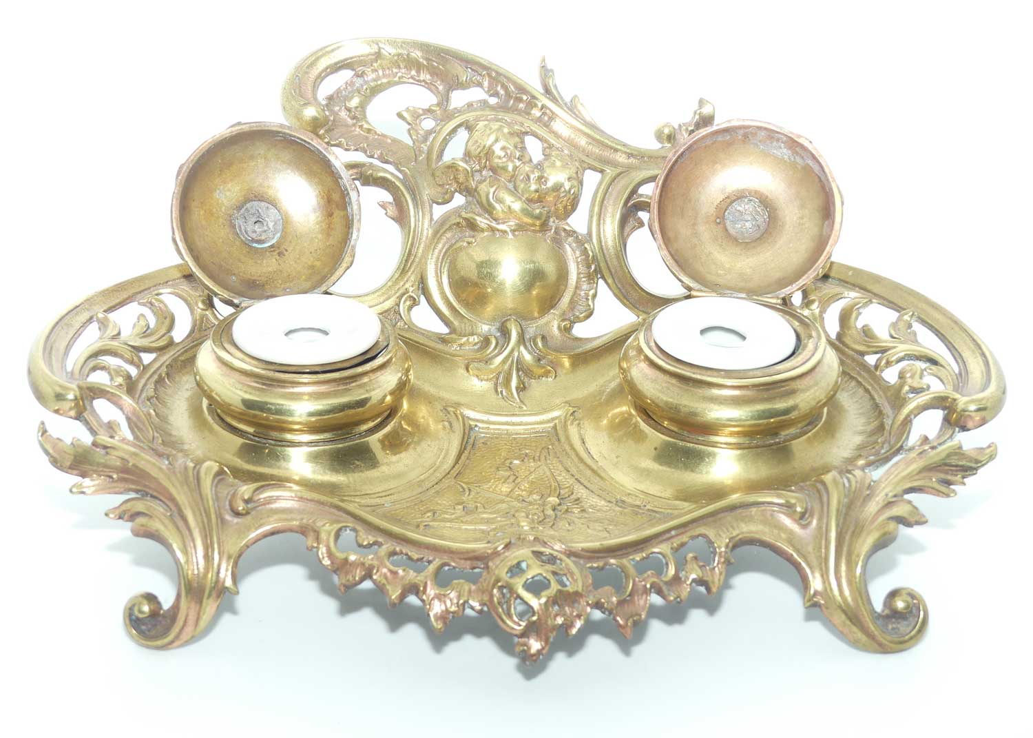 Victorian era French Brass Double Inkwell with porcelain inserts