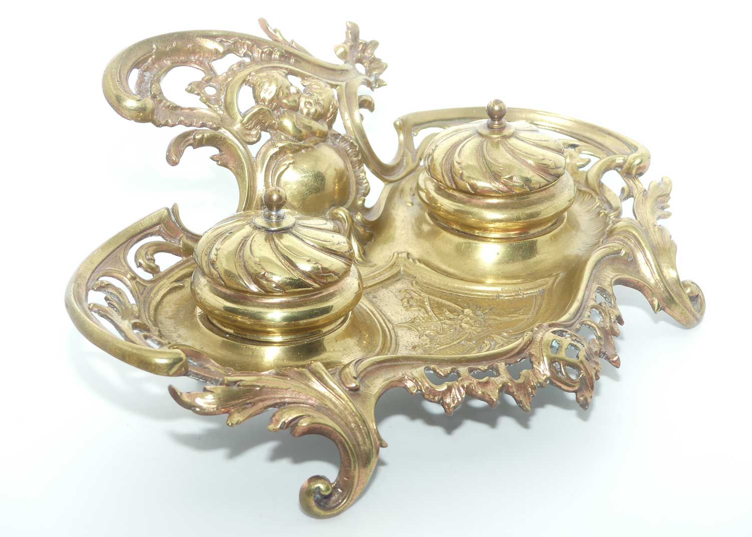 Victorian era French Brass Double Inkwell with porcelain inserts