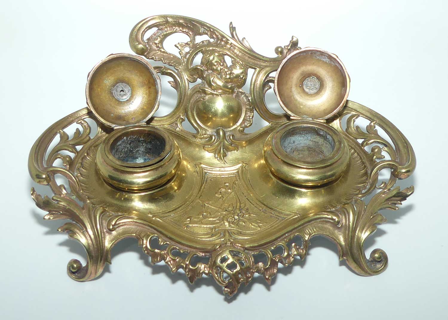 Victorian era French Brass Double Inkwell with porcelain inserts