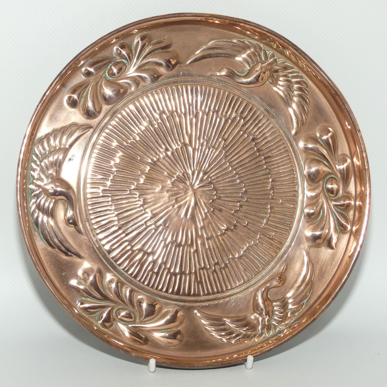Antique English Arts and Crafts Copper tray with Stylised Geese and Floral Decor | 21cm diam