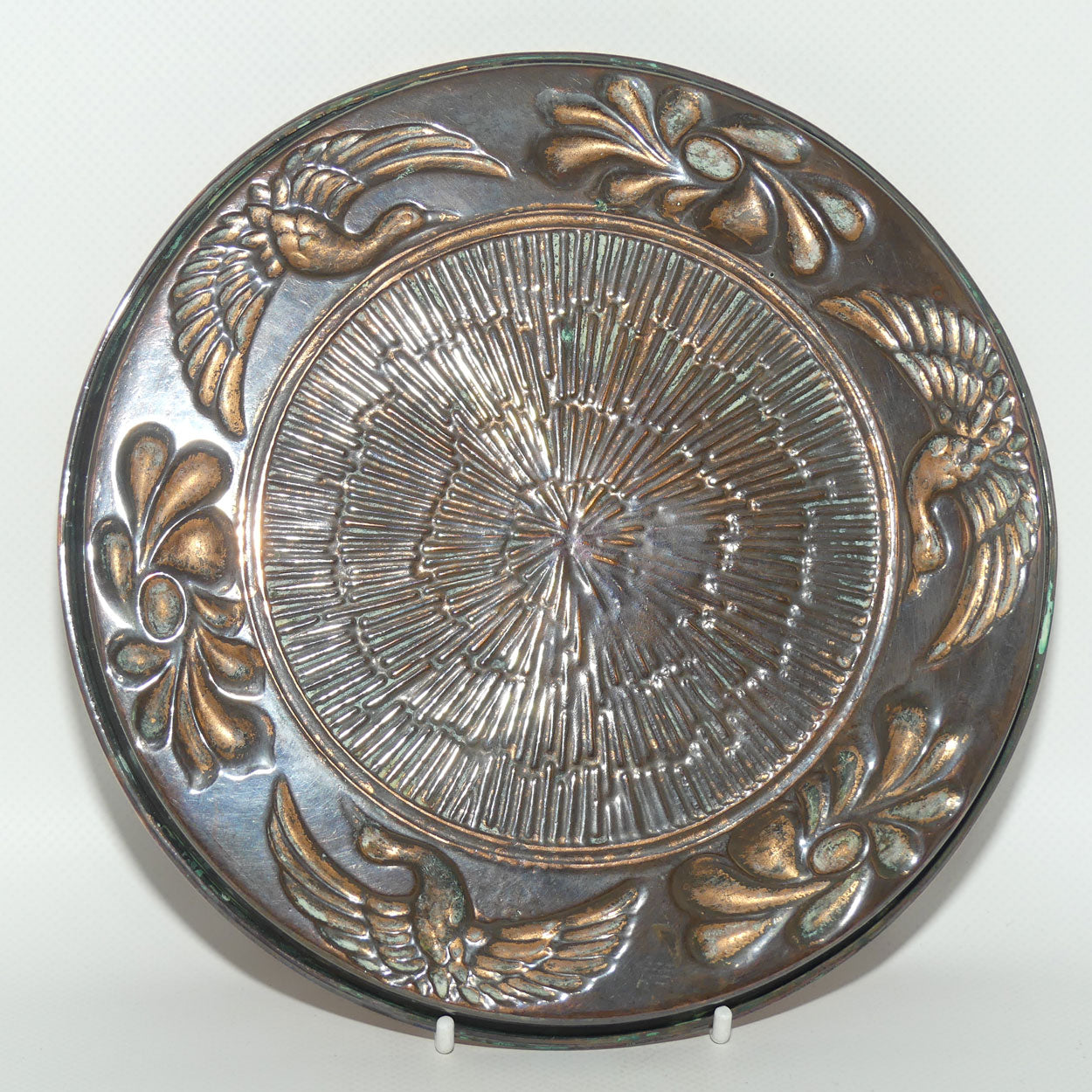 Antique English Arts and Crafts Copper tray with Stylised Geese and Floral Decor | 21cm diam