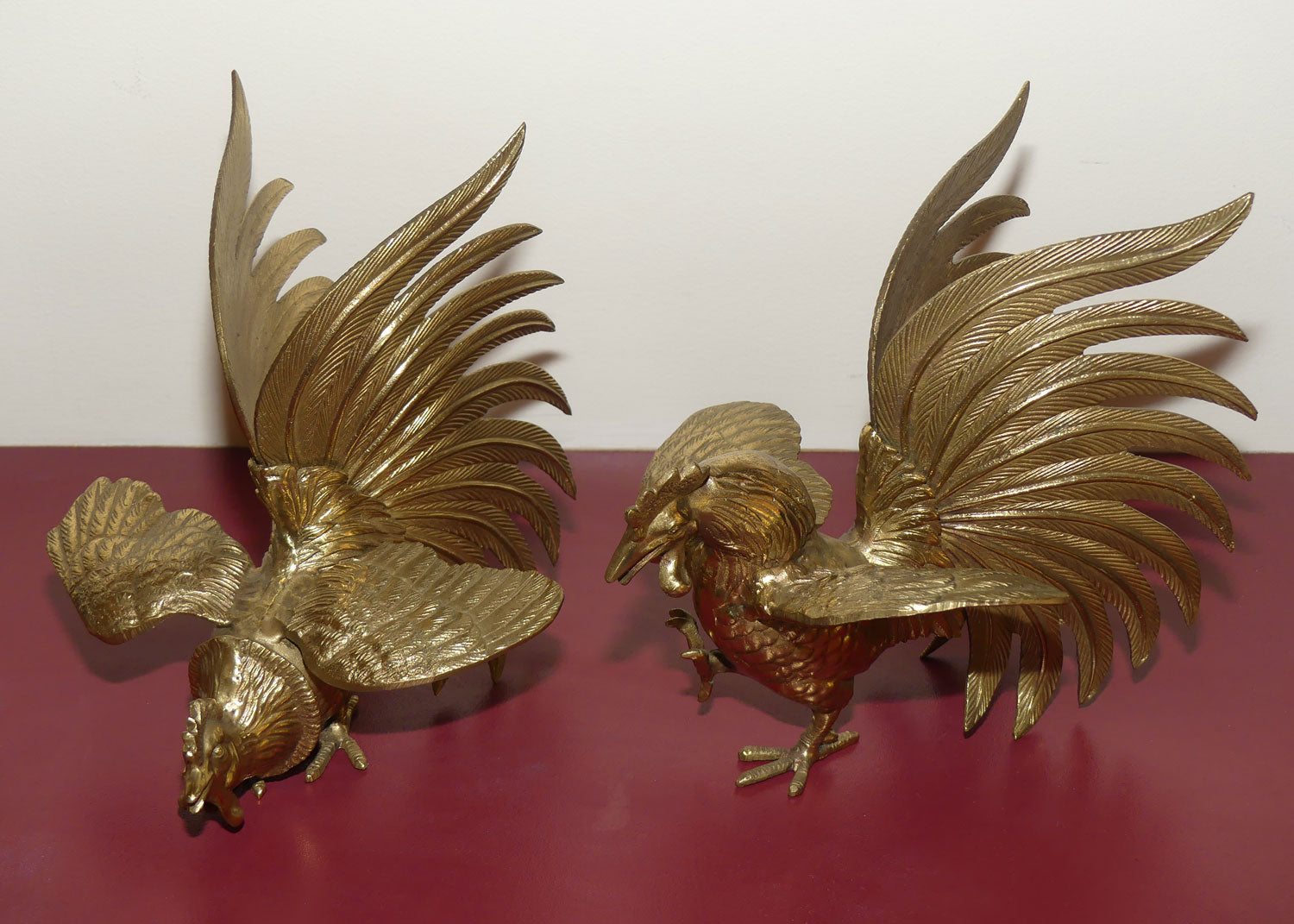 Pair of Vintage Brass Fighting Cockerels | Fighting Roosters | Solid Tails