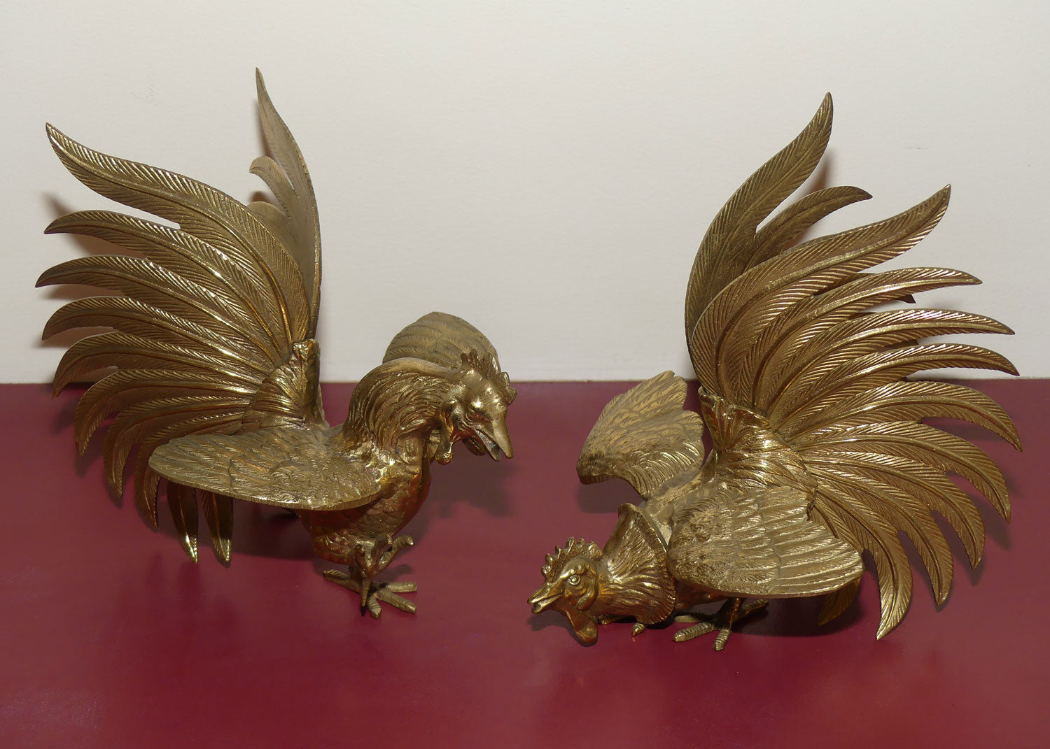 Pair of Vintage Brass Fighting Cockerels | Fighting Roosters | Solid Tails