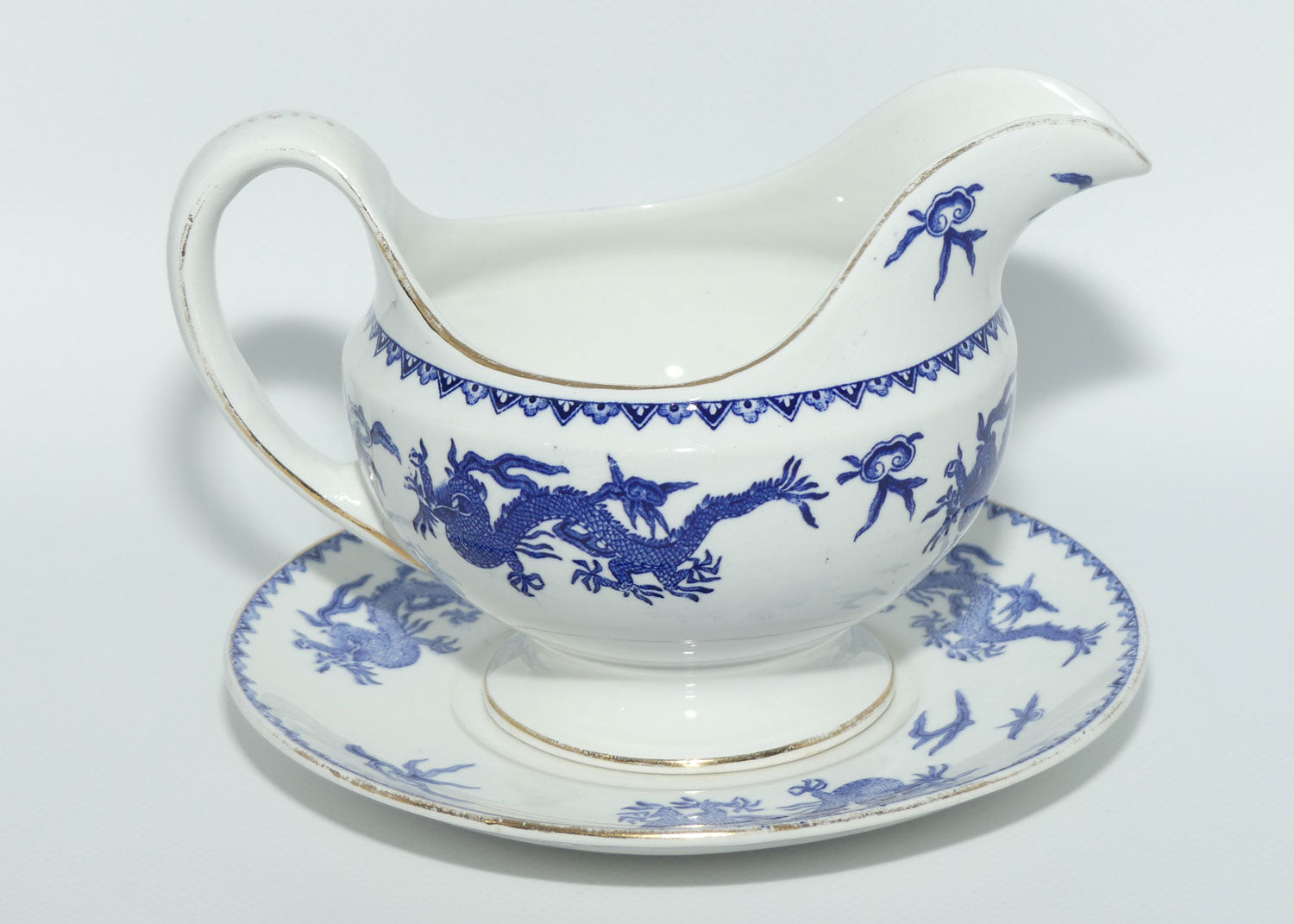 Pountney and Co Bristol Blue and White gravy boat and underplate