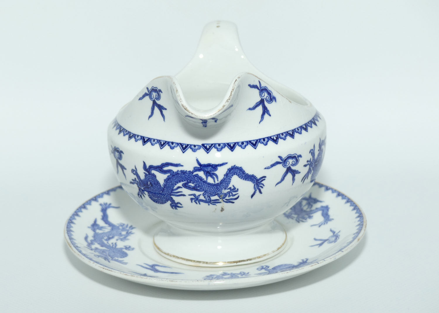 Pountney and Co Bristol Blue and White gravy boat and underplate