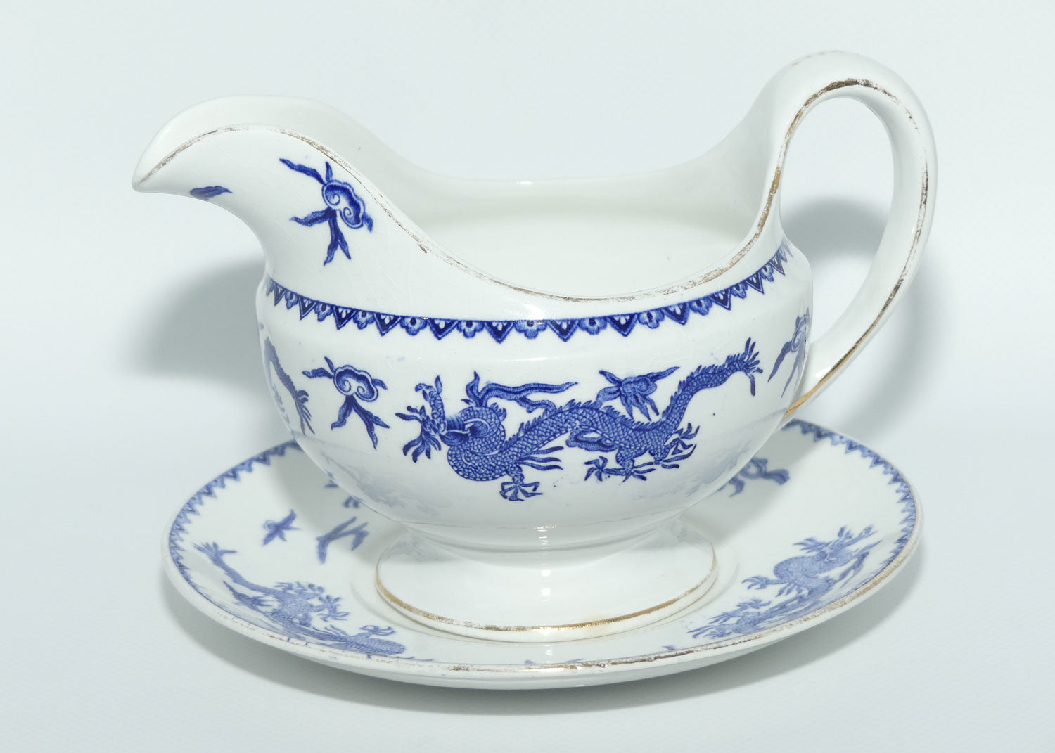 Pountney and Co Bristol Blue and White gravy boat and underplate