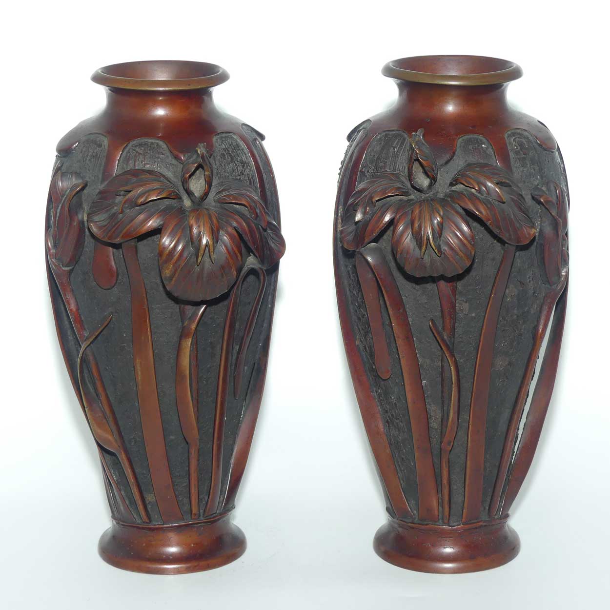 Pair of Meiji period Japanese Bronze vases with applied Iris decoration