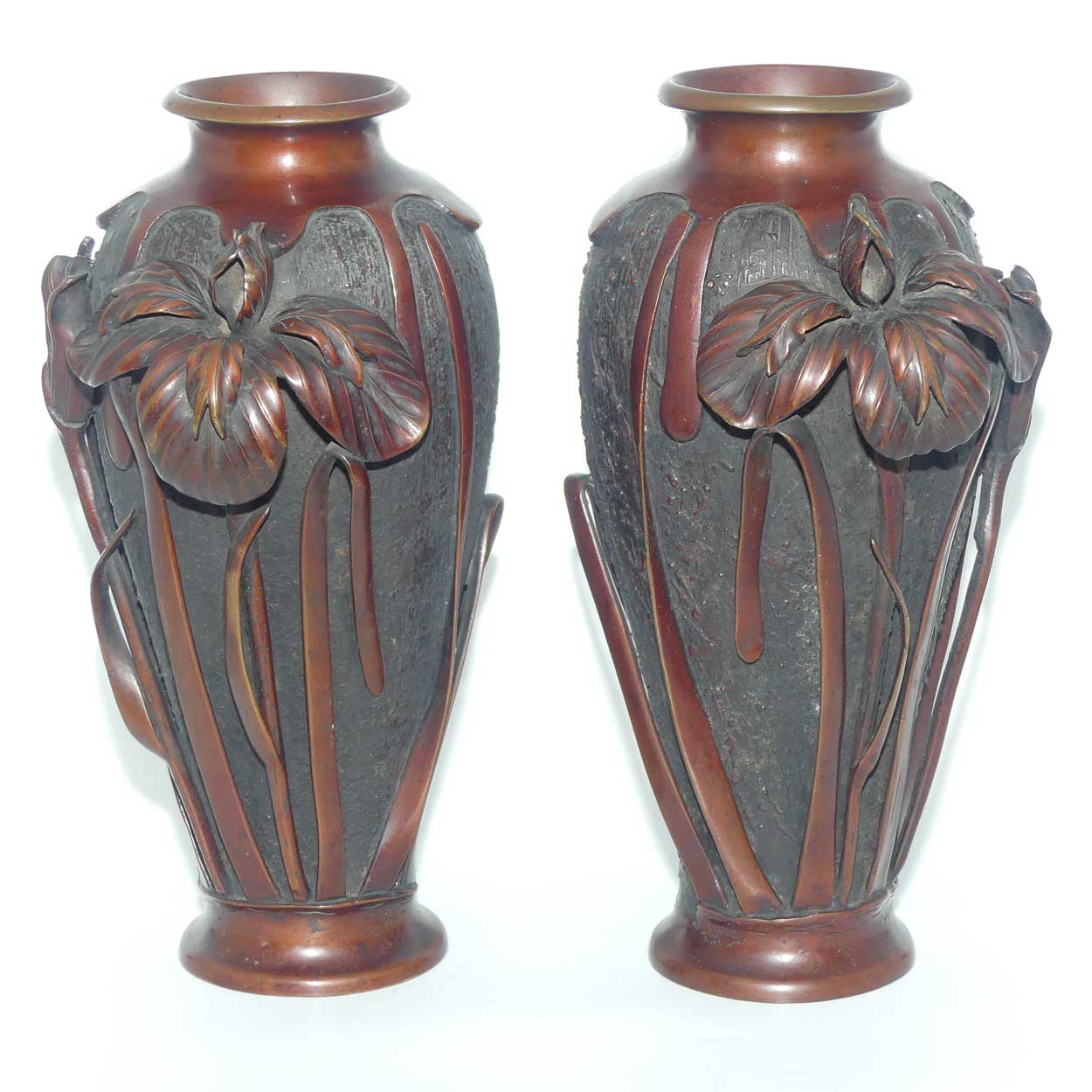 Pair of Meiji period Japanese Bronze vases with applied Iris decoration