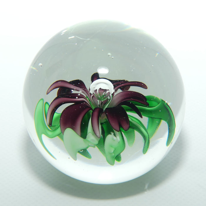 Controlled bubble with Purple and Green Flower large paperweight