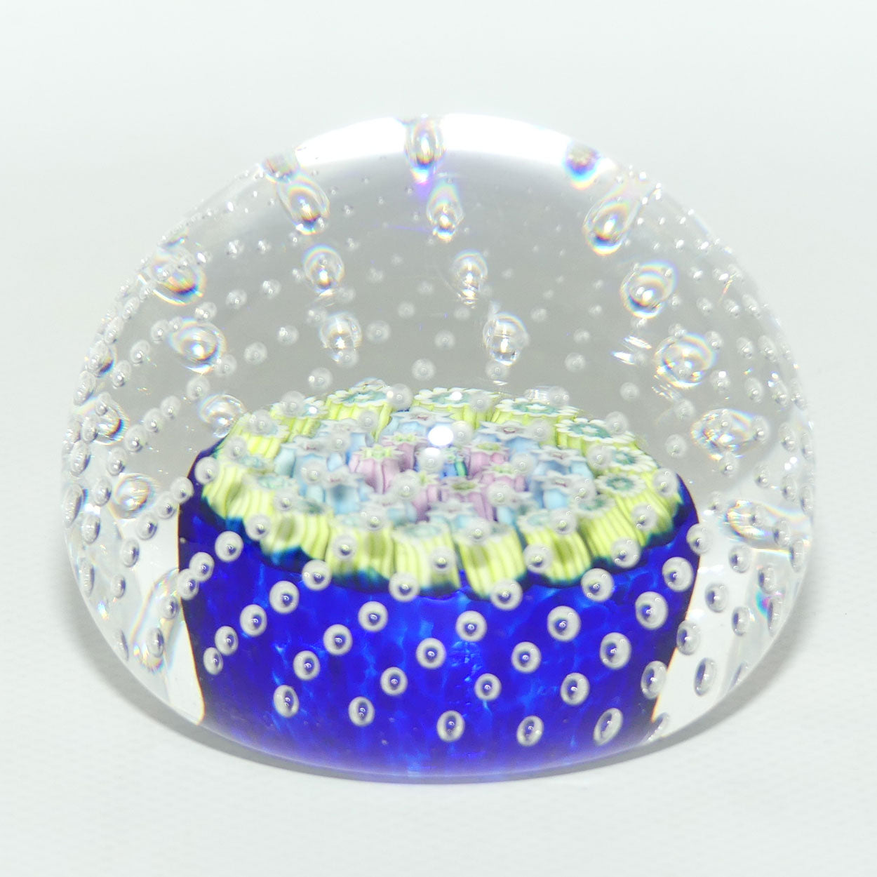 John Deacons Scotland Concentric Millefiori large paperweight | Bubbles | Dark Blue